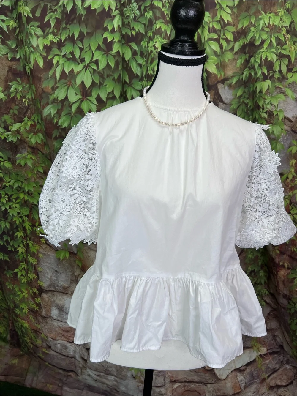 ZARA White Coastal Prep Feminine Lace Puff Sleeve Romantic Peplum Blouse, S